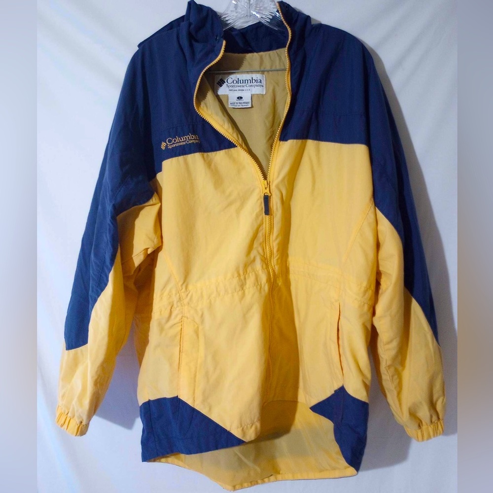 Columbia zip rain jacket. Yellow and Navy blue. Size Large